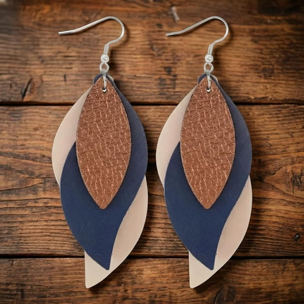 Layered Faux Leather Lightweight Boho Dangle Drop Leaf Earrings